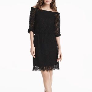 White House Black Market Off-The-Shoulder Black Lace Boho Dress, Size 6